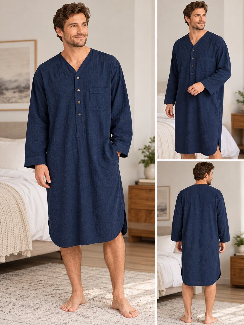Brooks Brothers 100% Cotton Textured Night Shirt Men's Large Navy Blue Sleep